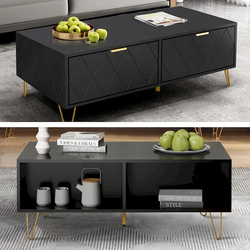Modern Coffee Table with Double Storage Drawers Wooden TV Cabinet Side Table for Apartment &Living Room