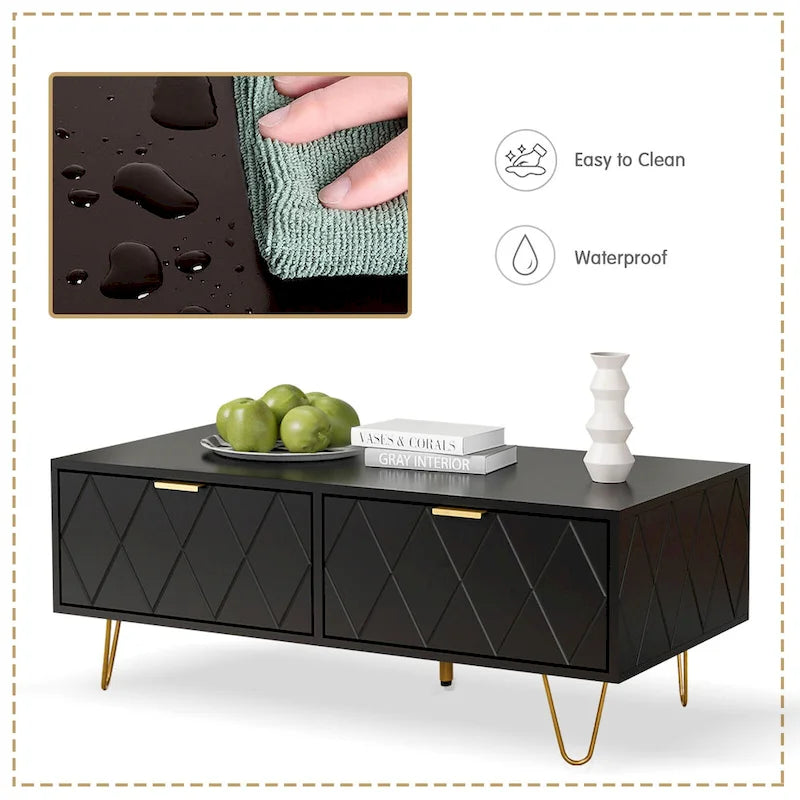 Modern Coffee Table with Double Storage Drawers Wooden TV Cabinet Side Table for Apartment &Living Room