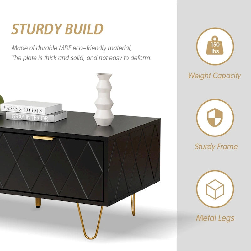 Modern Coffee Table with Double Storage Drawers Wooden TV Cabinet Side Table for Apartment &Living Room