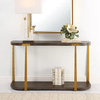 Coffee Oak Veneer Console Table with Antique Gold Metal Columns – 54"W