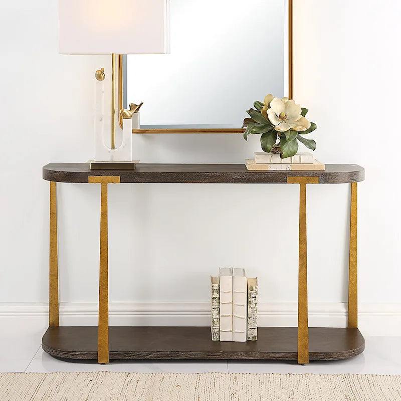 Coffee Oak Veneer Console Table with Antique Gold Metal Columns – 54"W