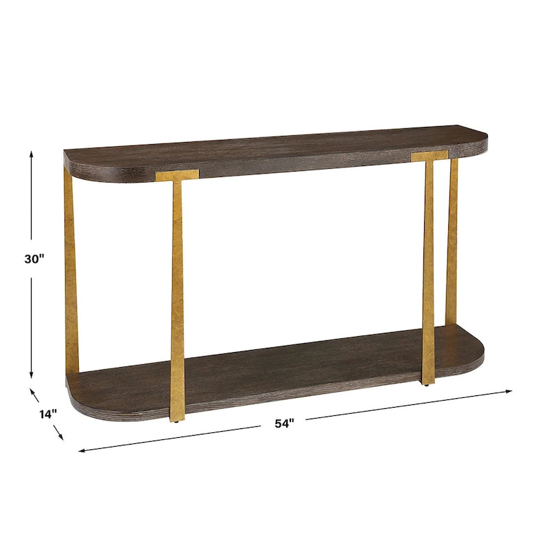 Coffee Oak Veneer Console Table with Antique Gold Metal Columns – 54"W