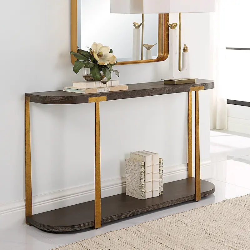 Coffee Oak Veneer Console Table with Antique Gold Metal Columns – 54"W