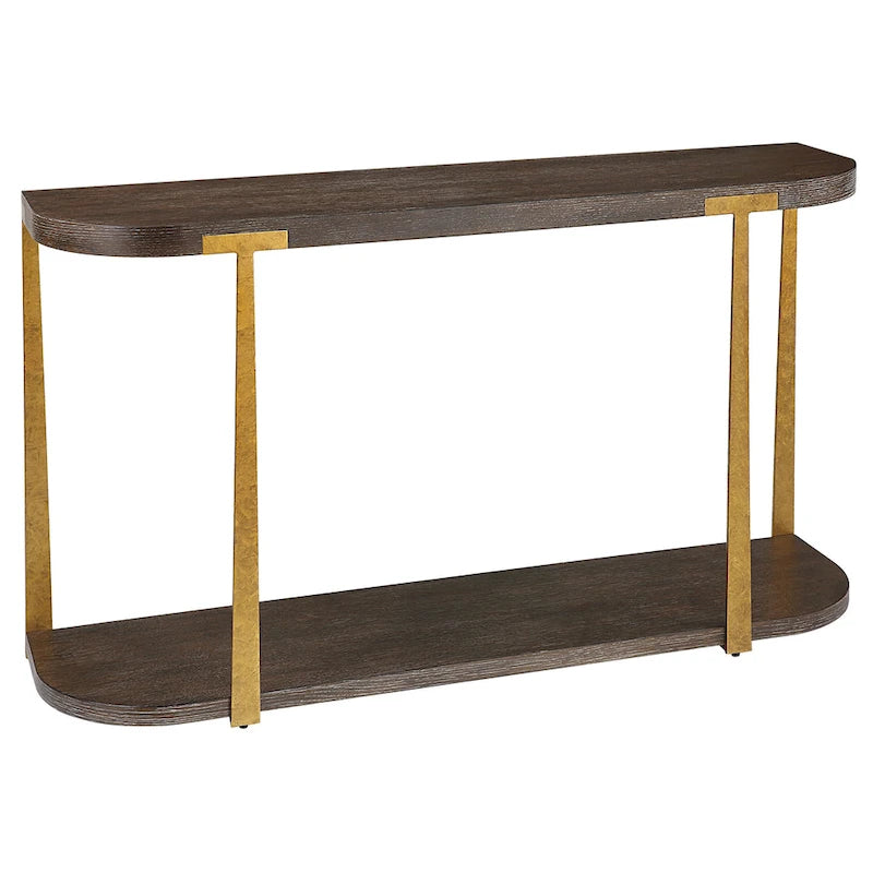 Coffee Oak Veneer Console Table with Antique Gold Metal Columns – 54"W