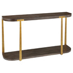 Coffee Oak Veneer Console Table with Antique Gold Metal Columns – 54"W