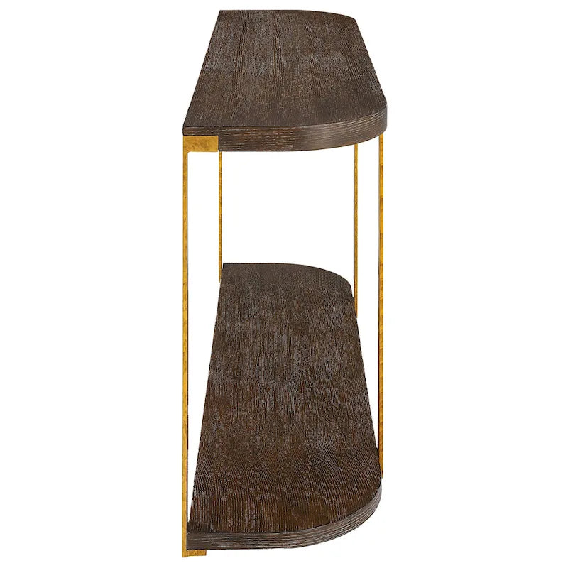 Coffee Oak Veneer Console Table with Antique Gold Metal Columns – 54"W