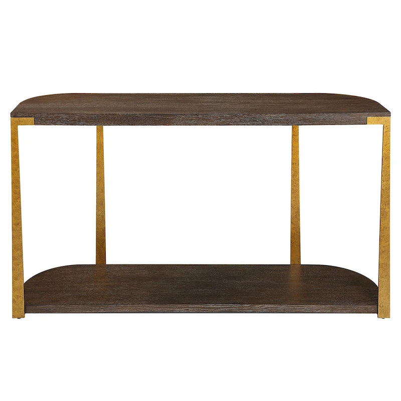 Coffee Oak Veneer Console Table with Antique Gold Metal Columns – 54"W