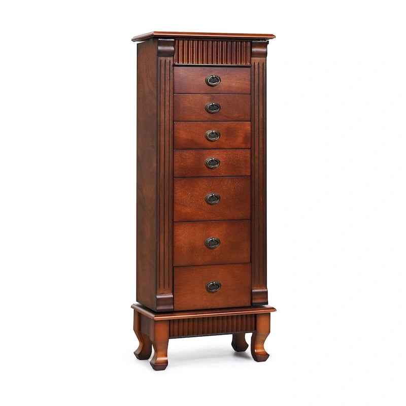 Brown 7 Drawers Wooden Jewelry Storage Cabinet with 1 Top Flip Mirror and 4 Compartments - 15(L) x 9(W) x 38.5(H)