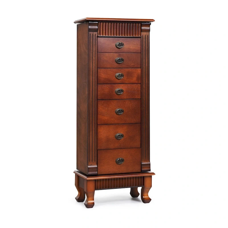 Brown 7 Drawers Wooden Jewelry Storage Cabinet with 1 Top Flip Mirror and 4 Compartments - 15(L) x 9(W) x 38.5(H)