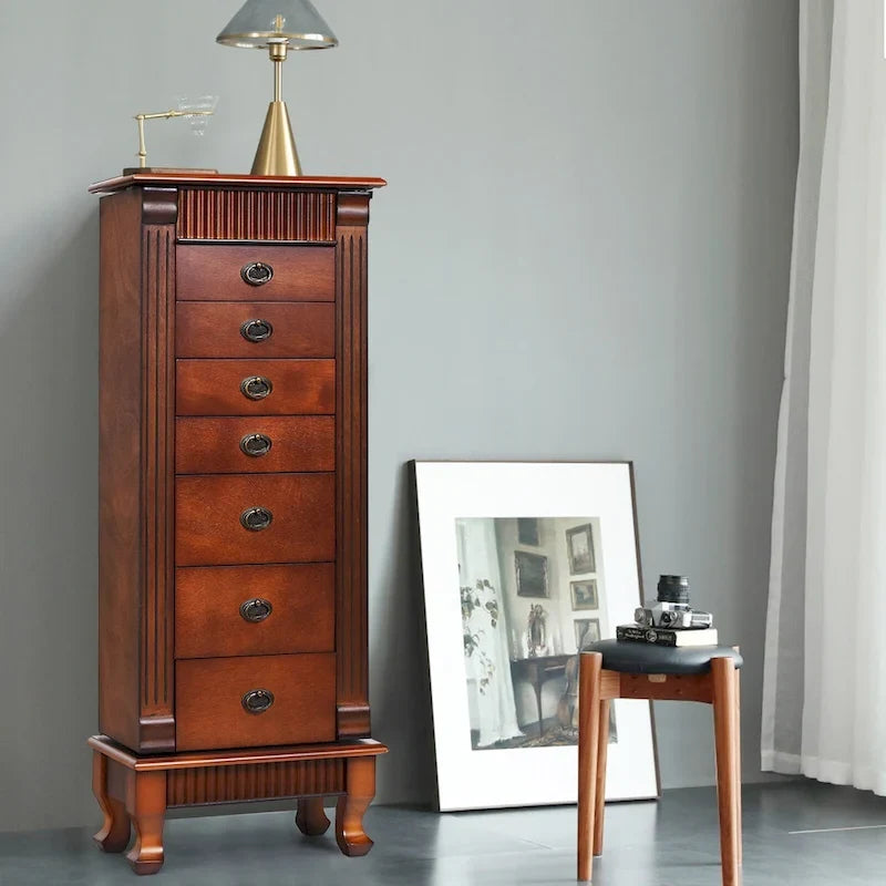 Brown 7 Drawers Wooden Jewelry Storage Cabinet with 1 Top Flip Mirror and 4 Compartments - 15(L) x 9(W) x 38.5(H)