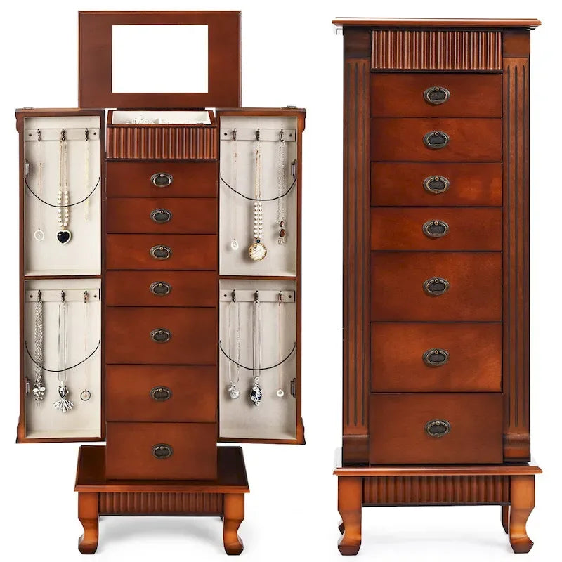 Brown 7 Drawers Wooden Jewelry Storage Cabinet with 1 Top Flip Mirror and 4 Compartments - 15(L) x 9(W) x 38.5(H)
