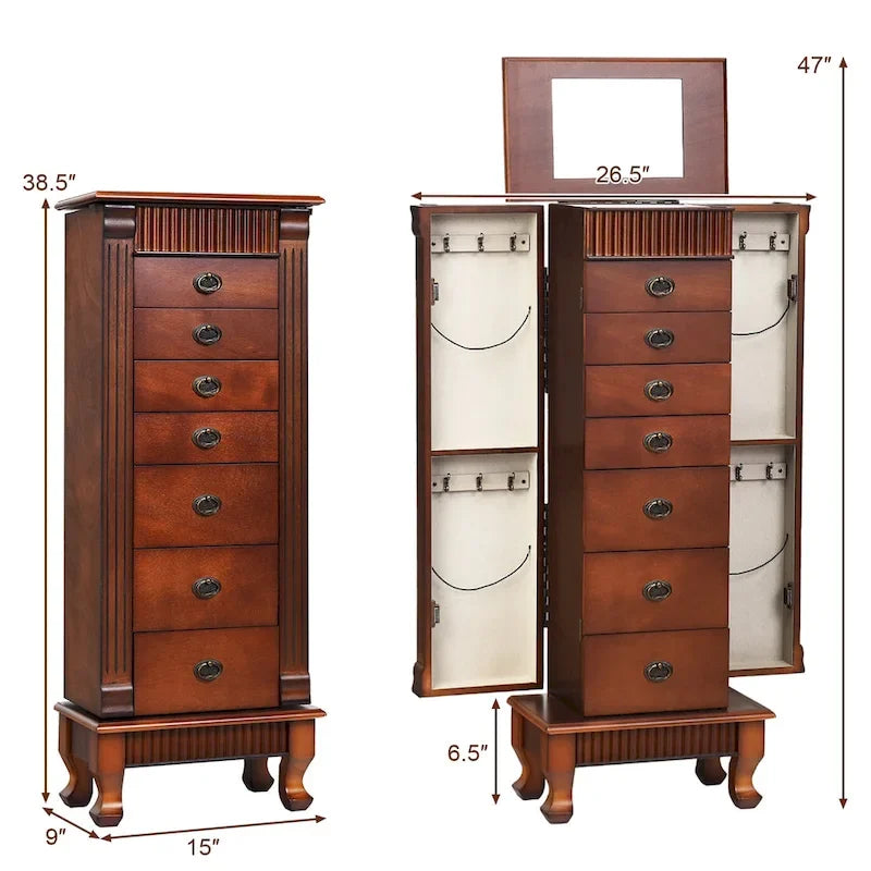 Brown 7 Drawers Wooden Jewelry Storage Cabinet with 1 Top Flip Mirror and 4 Compartments - 15(L) x 9(W) x 38.5(H)