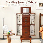 Brown 7 Drawers Wooden Jewelry Storage Cabinet with 1 Top Flip Mirror and 4 Compartments - 15(L) x 9(W) x 38.5(H)