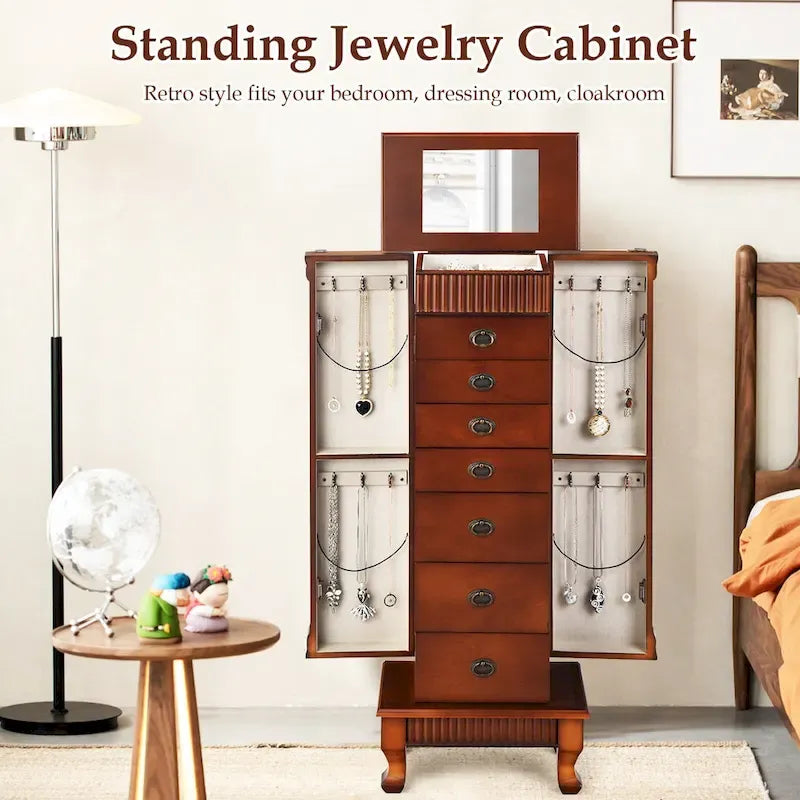 Brown 7 Drawers Wooden Jewelry Storage Cabinet with 1 Top Flip Mirror and 4 Compartments - 15(L) x 9(W) x 38.5(H)