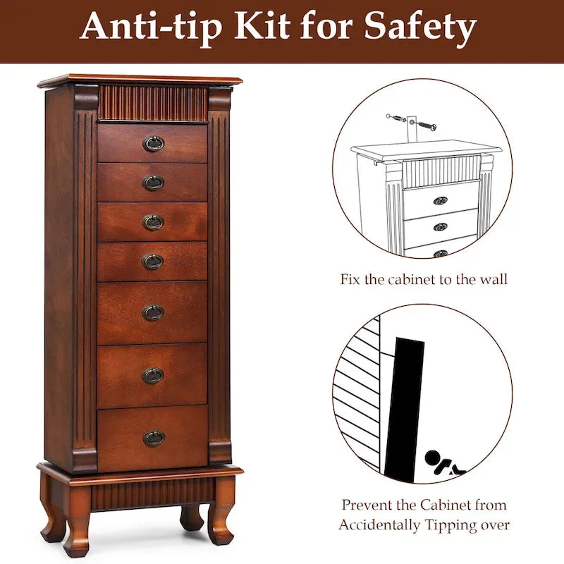 Brown 7 Drawers Wooden Jewelry Storage Cabinet with 1 Top Flip Mirror and 4 Compartments - 15(L) x 9(W) x 38.5(H)