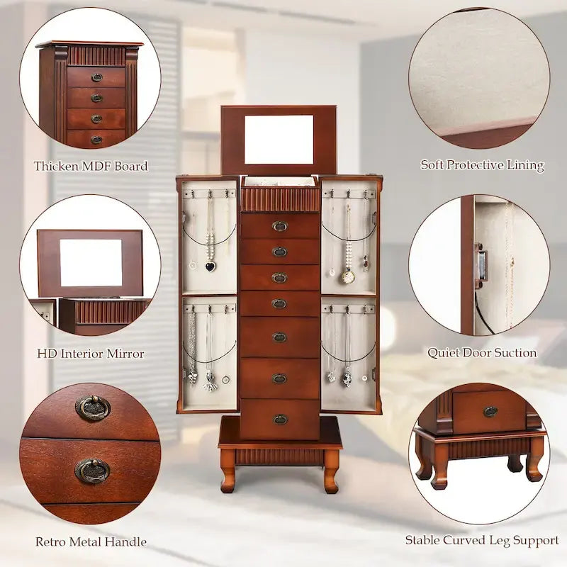 Brown 7 Drawers Wooden Jewelry Storage Cabinet with 1 Top Flip Mirror and 4 Compartments - 15(L) x 9(W) x 38.5(H)