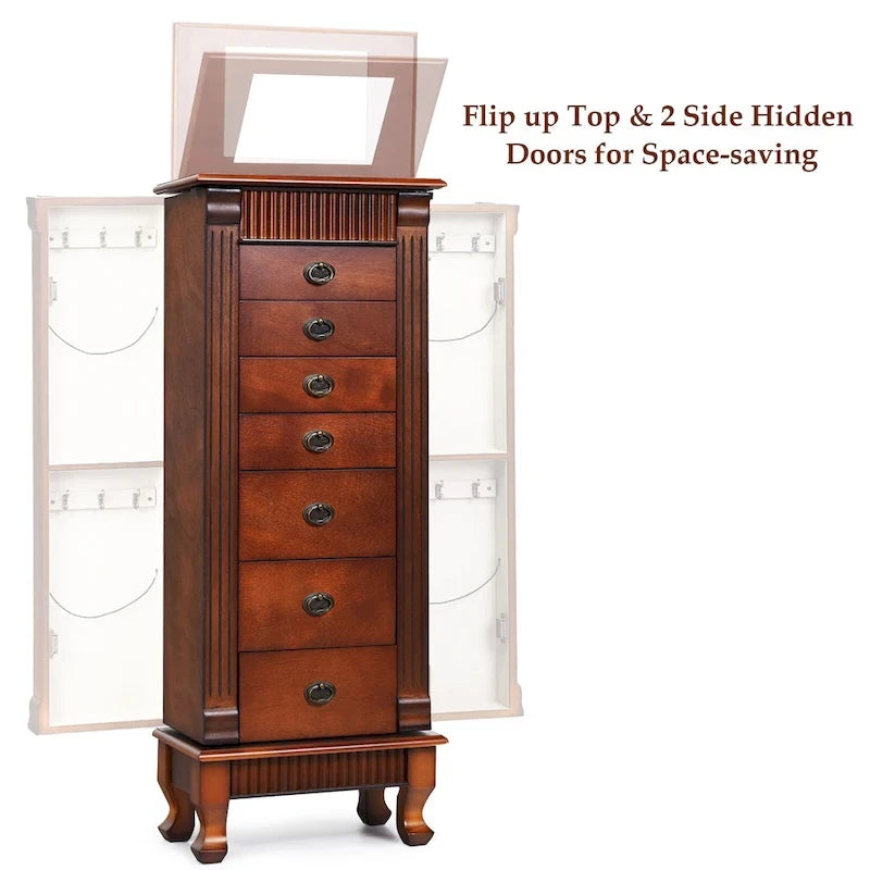 Brown 7 Drawers Wooden Jewelry Storage Cabinet with 1 Top Flip Mirror and 4 Compartments - 15(L) x 9(W) x 38.5(H)