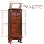 Brown 7 Drawers Wooden Jewelry Storage Cabinet with 1 Top Flip Mirror and 4 Compartments - 15(L) x 9(W) x 38.5(H)