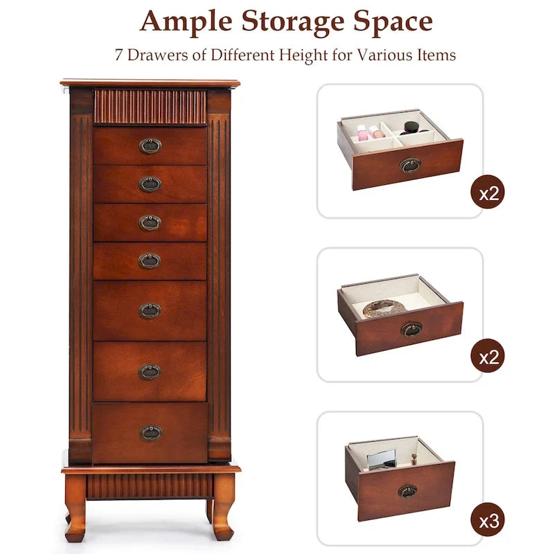 Brown 7 Drawers Wooden Jewelry Storage Cabinet with 1 Top Flip Mirror and 4 Compartments - 15(L) x 9(W) x 38.5(H)