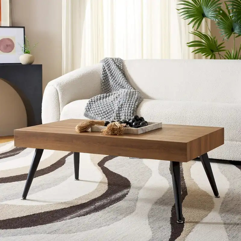 Mid-Century Modern Rectangular Coffee Table – 43"W, Vintage Black Metal Legs