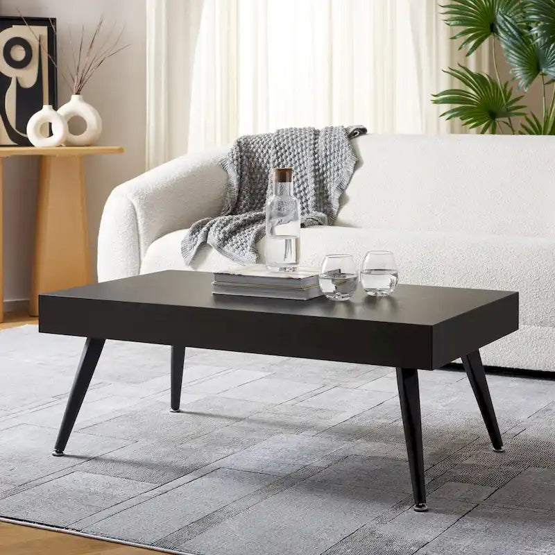 Mid-Century Modern Rectangular Coffee Table – 43"W, Vintage Black Metal Legs