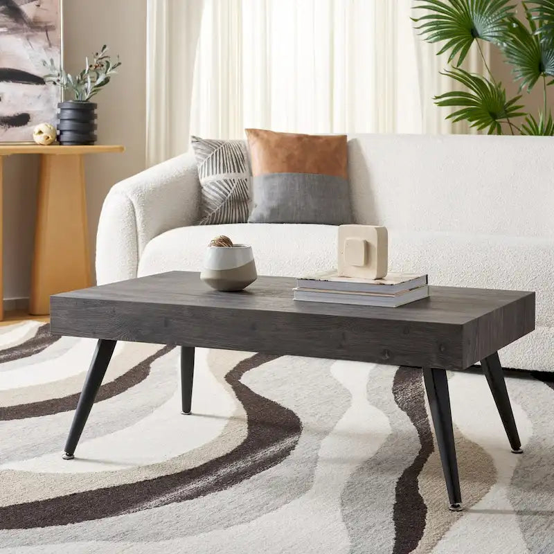 Mid-Century Modern Rectangular Coffee Table – 43"W, Vintage Black Metal Legs