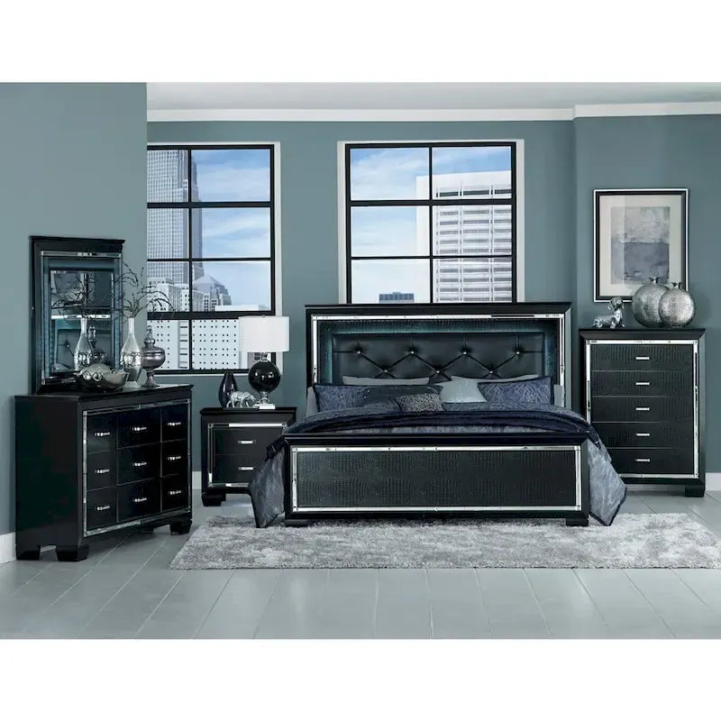 Black LED Faux Leather Tufted Bed with Mirrored Headboard & Crystal Accents
