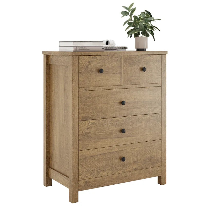 5-Drawer Bedroom Dresser – Modern Wood Grain Design, Solid Wood Legs, 29x16x37"