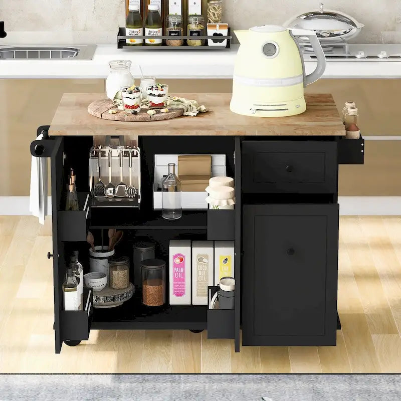 Rubberwood Kitchen Cart with Drop Leaf, 2 Drawers, Spice Rack & Locking Wheels