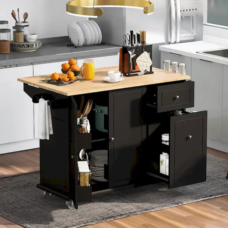 Rubberwood Kitchen Cart with Drop Leaf, 2 Drawers, Spice Rack & Locking Wheels