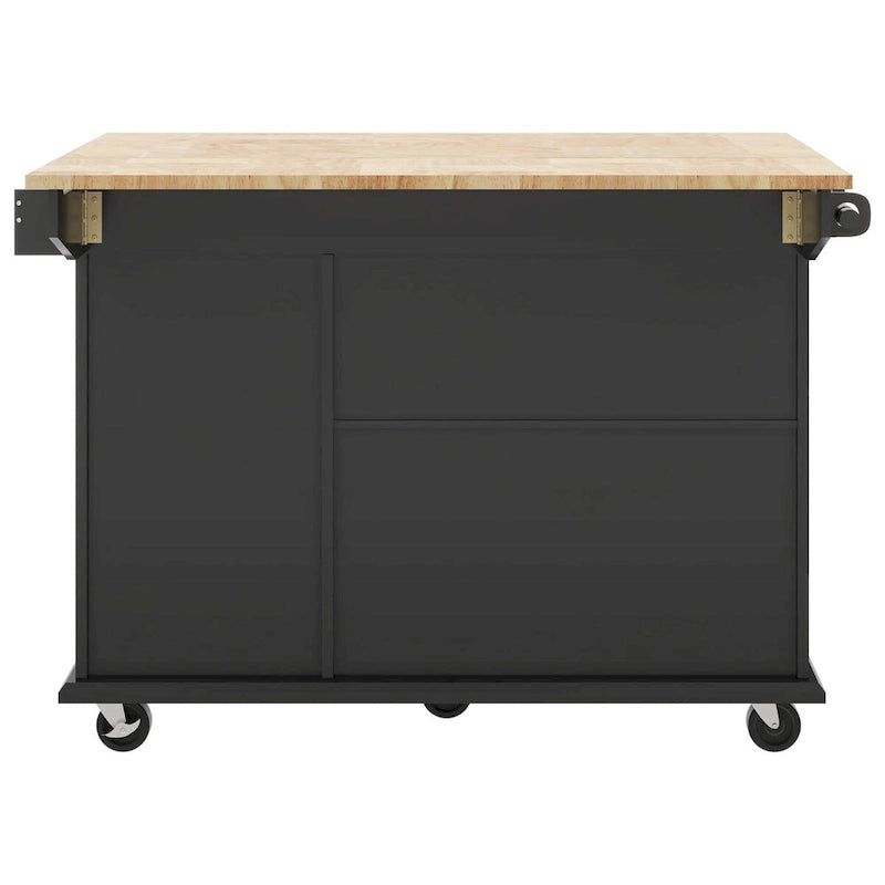 Rubberwood Kitchen Cart with Drop Leaf, 2 Drawers, Spice Rack & Locking Wheels