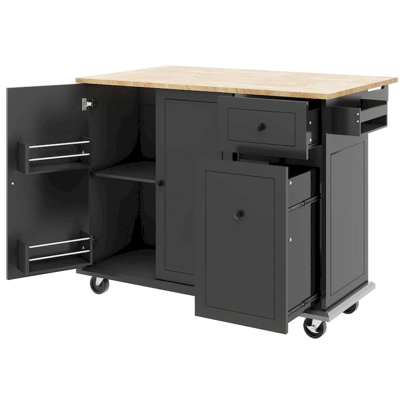 Rubberwood Kitchen Cart with Drop Leaf, 2 Drawers, Spice Rack & Locking Wheels