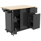 Rubberwood Kitchen Cart with Drop Leaf, 2 Drawers, Spice Rack & Locking Wheels