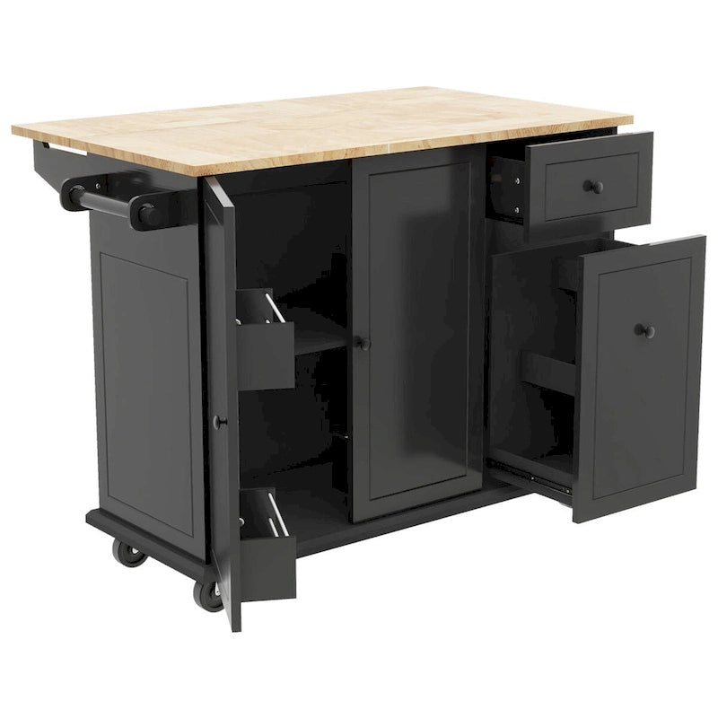 Rubberwood Kitchen Cart with Drop Leaf, 2 Drawers, Spice Rack & Locking Wheels