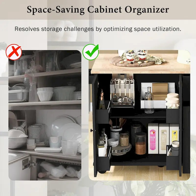 Rubberwood Kitchen Cart with Drop Leaf, 2 Drawers, Spice Rack & Locking Wheels