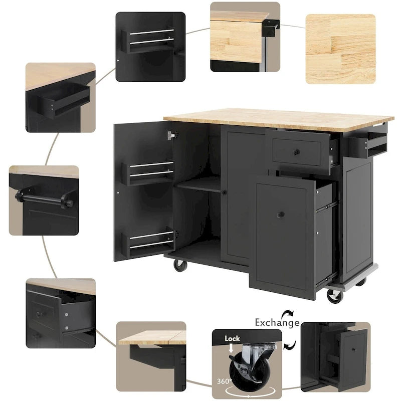 Rubberwood Kitchen Cart with Drop Leaf, 2 Drawers, Spice Rack & Locking Wheels