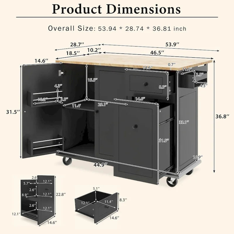 Rubberwood Kitchen Cart with Drop Leaf, 2 Drawers, Spice Rack & Locking Wheels