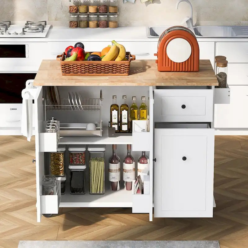 Rubberwood Kitchen Cart with Drop Leaf, 2 Drawers, Spice Rack & Locking Wheels