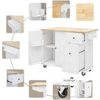 Rubberwood Kitchen Cart with Drop Leaf, 2 Drawers, Spice Rack & Locking Wheels