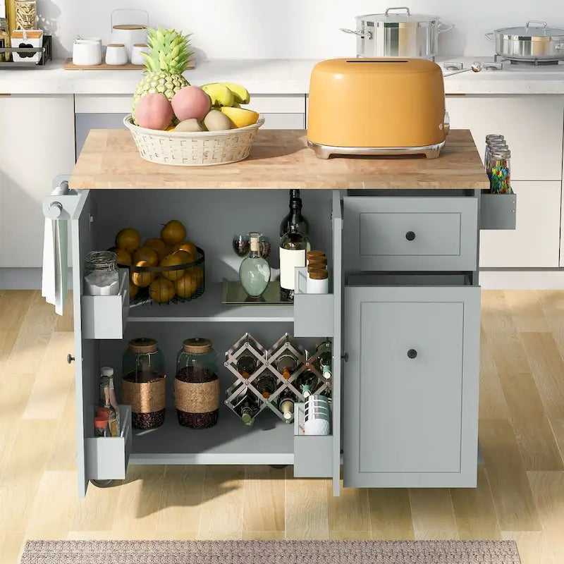 Rubberwood Kitchen Cart with Drop Leaf, 2 Drawers, Spice Rack & Locking Wheels