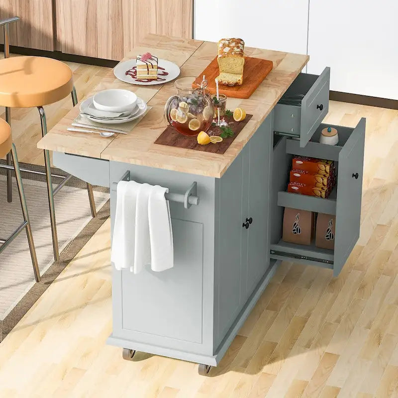 Rubberwood Kitchen Cart with Drop Leaf, 2 Drawers, Spice Rack & Locking Wheels
