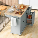 Rubberwood Kitchen Cart with Drop Leaf, 2 Drawers, Spice Rack & Locking Wheels