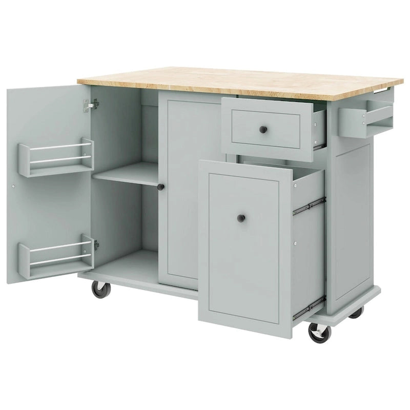 Rubberwood Kitchen Cart with Drop Leaf, 2 Drawers, Spice Rack & Locking Wheels