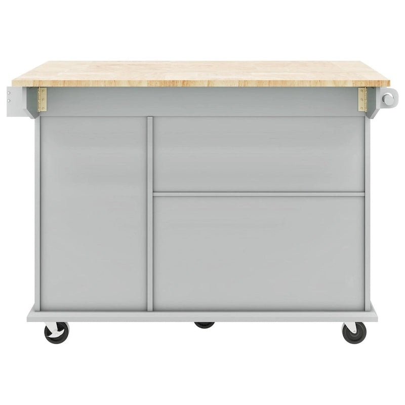 Rubberwood Kitchen Cart with Drop Leaf, 2 Drawers, Spice Rack & Locking Wheels