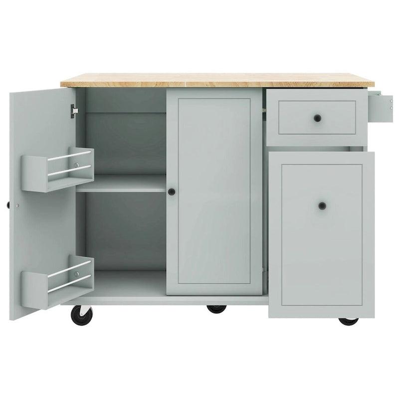 Rubberwood Kitchen Cart with Drop Leaf, 2 Drawers, Spice Rack & Locking Wheels