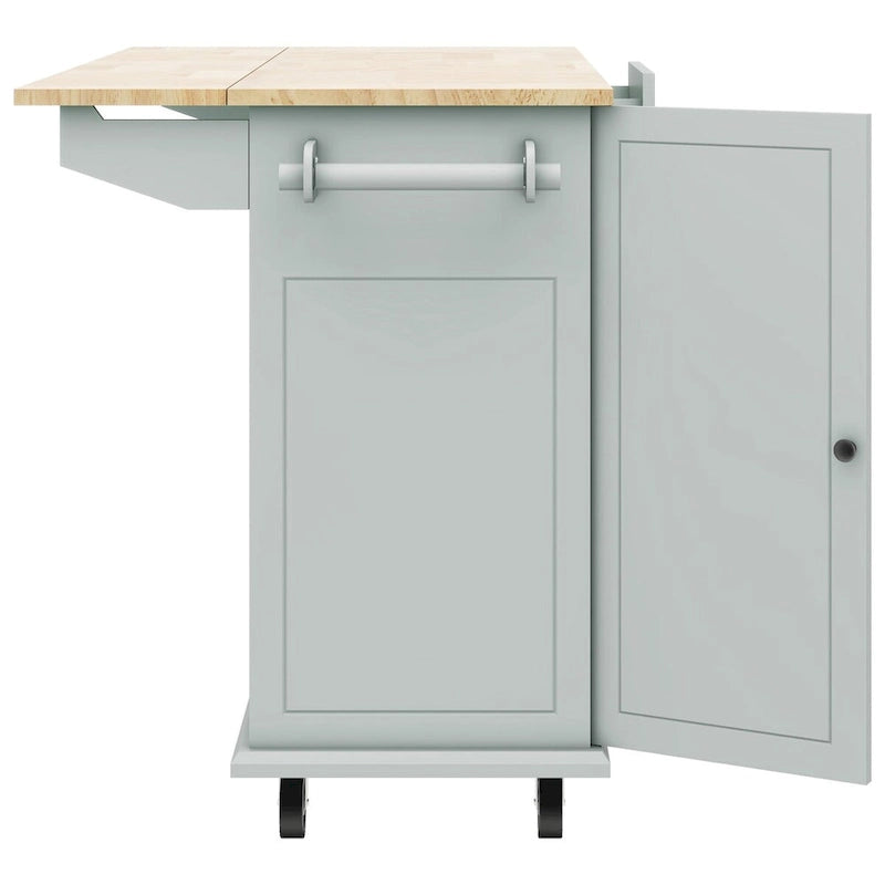 Rubberwood Kitchen Cart with Drop Leaf, 2 Drawers, Spice Rack & Locking Wheels