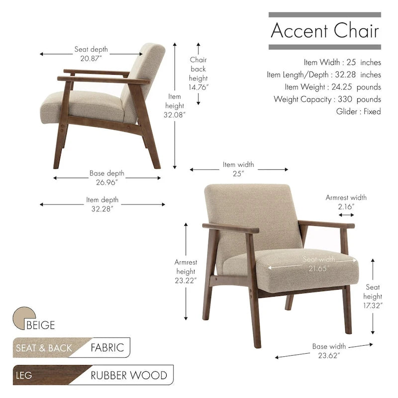 Fabric Accent Armchair with Rubberwood Legs – Plush Cushions, 330 lb Capacity