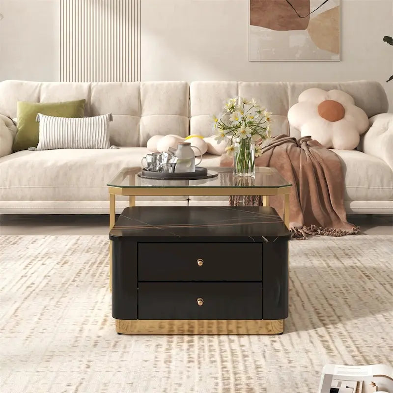 2 Pieces Nesting Coffee Table w/ Drawers & Electroplated Gold Legs