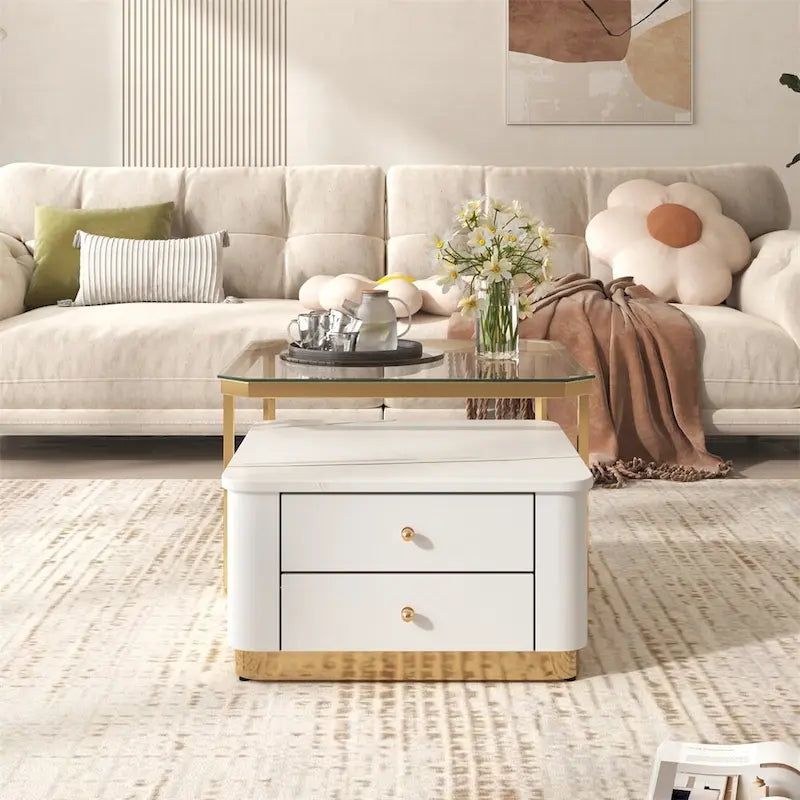 2 Pieces Nesting Coffee Table w/ Drawers & Electroplated Gold Legs