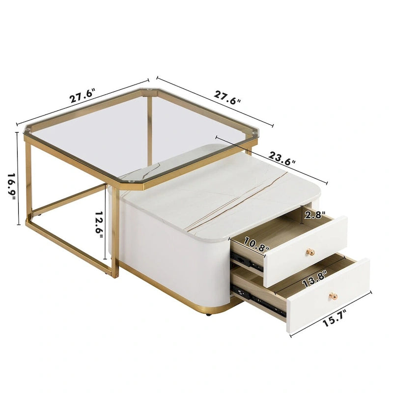 2 Pieces Nesting Coffee Table w/ Drawers & Electroplated Gold Legs
